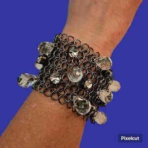 Vtg Chunky Gunmetal Chainmaille Prism Bauble Wide Baddie Bracelet